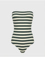 Strapless, horizontally striped green and white one-piece swimsuit. 