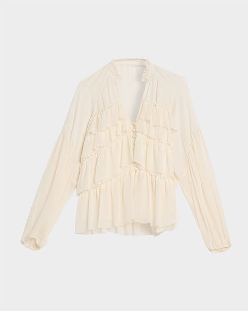 Cream ruffle-front blouse with a split neckline, button detail, and voluminous long sleeves. 