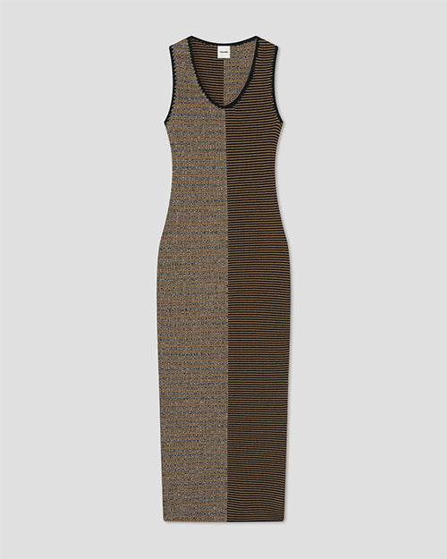Two-tone sleeveless knit midi dress with a V-neck, featuring contrasting brown and black ribbed panels.
