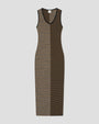 Two-tone sleeveless knit midi dress with a V-neck, featuring contrasting brown and black ribbed panels.