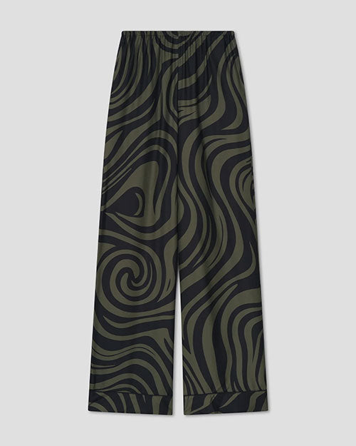 Dark olive and black wide-leg pants with an abstract swirling pattern and an elastic waistband.