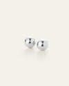 Pair of polished silver ball stud earrings with a smooth, reflective finish, displayed on a light background.