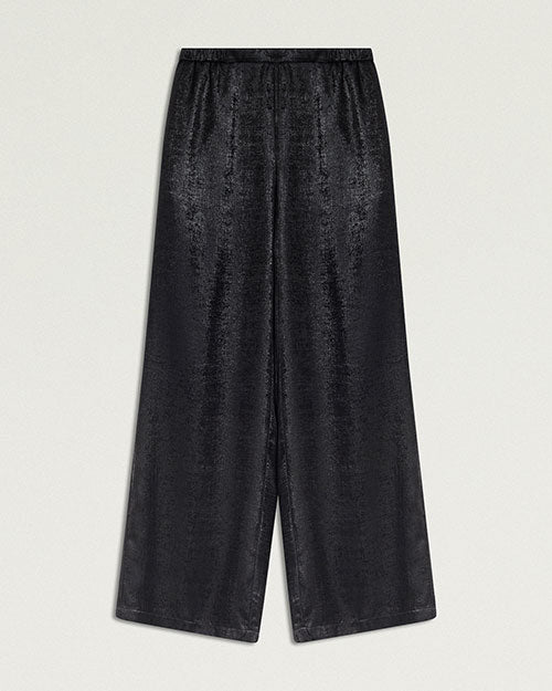 Front view of black wide-leg pants with a subtle metallic sheen and textured finish. The pants feature a flat waistband, a relaxed fit through the hips and legs, and a cropped-to-ankle length silhouette. Displayed against a light gray background.