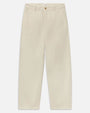 Product image of cream-colored wide-leg trousers with a relaxed fit, flat front, belt loops, slanted side pockets, and a button-and-zip closure. The full-length trousers are shown laid flat against a light gray background.