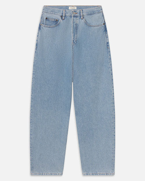 Product image of light-wash blue denim jeans displayed flat against a light background, featuring a high-rise waist with belt loops, a button and zip closure, and classic five-pocket styling. The jeans have a relaxed, wide-leg silhouette with subtle fading.