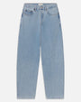 Product image of light-wash blue denim jeans displayed flat against a light background, featuring a high-rise waist with belt loops, a button and zip closure, and classic five-pocket styling. The jeans have a relaxed, wide-leg silhouette with subtle fading.
