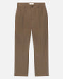 Product image of taupe tailored trousers with a straight-leg silhouette, pressed front creases, belt loops, side slit pockets, and a button-and-zip closure. The full-length trousers are shown laid flat against a light gray background.