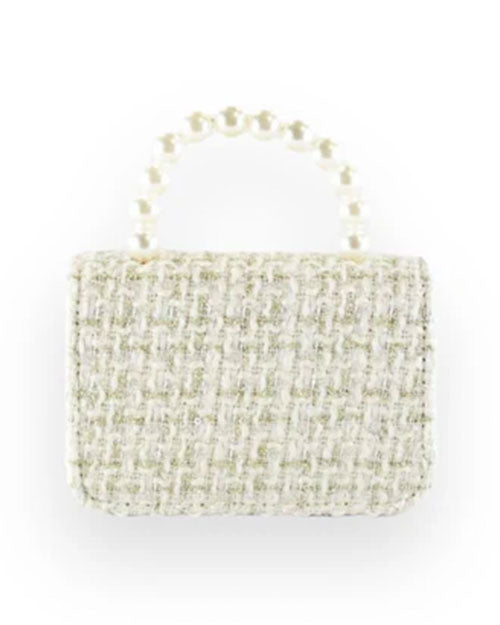 Back view of a small handbag with a light beige tweed-like textured fabric and a short handle made of pearl beads.
