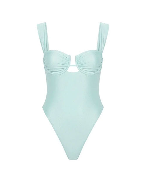 A light mint-green one-piece swimsuit with structured, underwire-style cups featuring soft ruching at the top. The suit has wide shoulder straps and a smooth, fitted body that tapers into a high-cut leg design. The material appears sleek and slightly glossy, giving it a clean and minimal look.