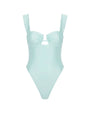 A light mint-green one-piece swimsuit with structured, underwire-style cups featuring soft ruching at the top. The suit has wide shoulder straps and a smooth, fitted body that tapers into a high-cut leg design. The material appears sleek and slightly glossy, giving it a clean and minimal look.