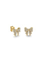 Pair of gold stud earrings shaped like bows, encrusted with small clear gemstones for a sparkling effect. Each bow has two loops and two pointed tails, with a polished gold backing and post.