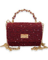 Small rectangular handbag in deep burgundy tweed embellished with sequins, featuring a gold-tone twist-lock closure, braided top handle, and matching chain shoulder strap.
