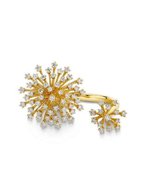Gold open ring featuring two starburst designs adorned with multiple small round diamonds. The larger starburst sits on one end of the ring, while a smaller matching starburst is on the other end, creating an elegant and modern look.