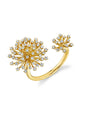 Gold open ring featuring two starburst designs adorned with multiple small round diamonds. The larger starburst sits on one end of the ring, while a smaller matching starburst is on the other end, creating a bold and elegant look.
