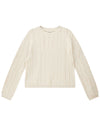 Off-white long-sleeve cable knit sweater with a crew neckline. The sweater features a textured wavy pattern and ribbed cuffs and hem.