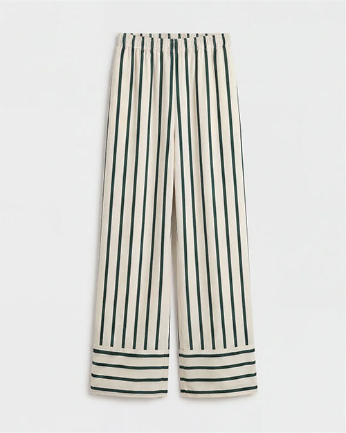 Loose, cream colored wide-leg pants with vertical green stripes. 