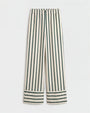 Loose, cream colored wide-leg pants with vertical green stripes. 