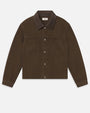 A brown denim-style jacket with a pointed collar, white metal snap-button closure, and two large chest patch pockets.