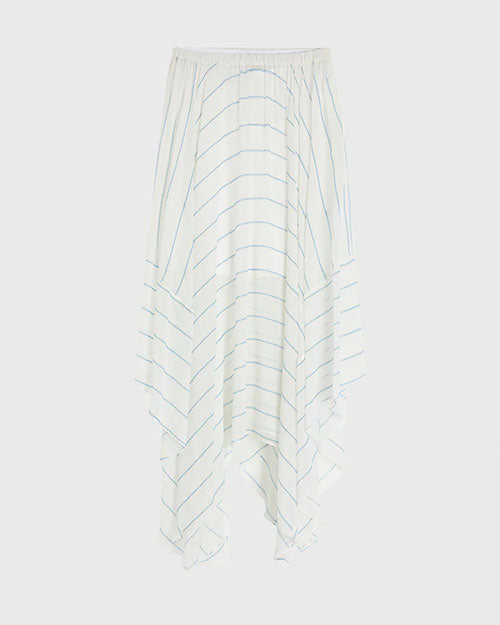 A lightweight, flowing skirt with an asymmetrical hem and thin horizontal stripes in soft blue tones. The skirt has an elastic waistband and a draped, layered silhouette.