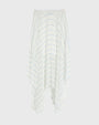 A lightweight, flowing skirt with an asymmetrical hem and thin horizontal stripes in soft blue tones. The skirt has an elastic waistband and a draped, layered silhouette.