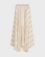 Cream flowing midi skirt with an elastic waistband, soft drape, and subtle sheer paneling, featuring an asymmetrical hem and tonal diagonal stripe pattern, shown against a light background.