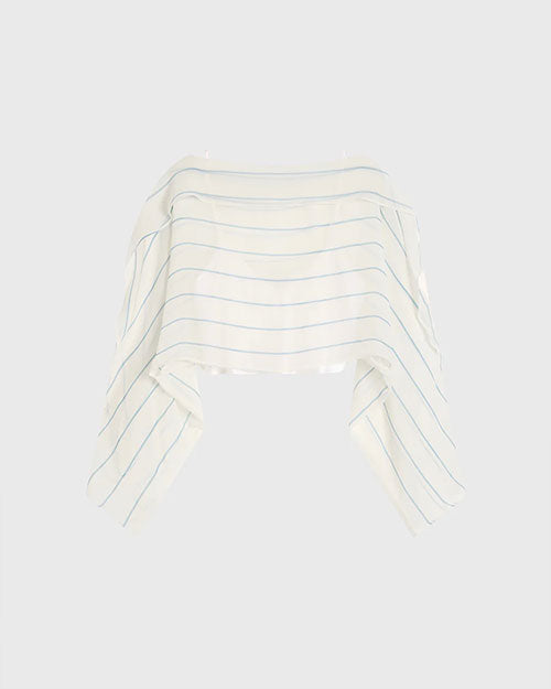 A sheer, lightweight cropped top featuring thin horizontal stripes in soft blue tones. The top has wide, draped sleeves and a loose, flowy silhouette.