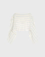 A sheer, lightweight cropped top featuring thin horizontal stripes in soft blue tones. The top has wide, draped sleeves and a loose, flowy silhouette.