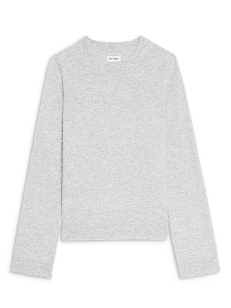 A light gray long‑sleeve crewneck sweater laid flat, showing a simple and minimal design with a straight hem and relaxed fit.