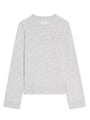 A light gray long‑sleeve crewneck sweater laid flat, showing a simple and minimal design with a straight hem and relaxed fit.