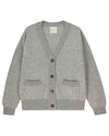Gray knit cardigan with a V-neckline and button-up front featuring five dark buttons. The cardigan has two front pockets and ribbed cuffs and hem. A fabric tag inside the neckline reads ‘Jumper 1234.