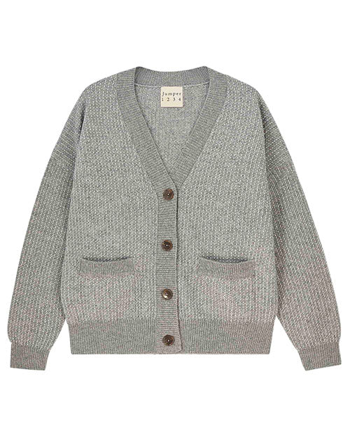 Gray knit cardigan with a V-neckline and button-up front featuring five dark buttons. The cardigan has two front pockets and ribbed cuffs and hem. A fabric tag inside the neckline reads ‘Jumper 1234.