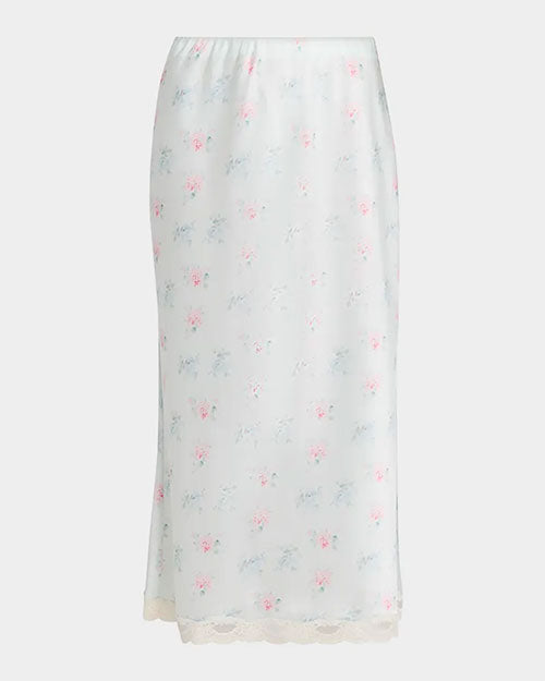 Light green floral midi skirt with a straight silhouette and lace-trimmed hem.
