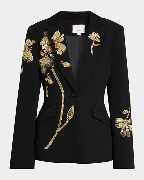 Black single-button blazer with gold floral embroidery across the front and sleeve, featuring peaked lapels and flap pockets.