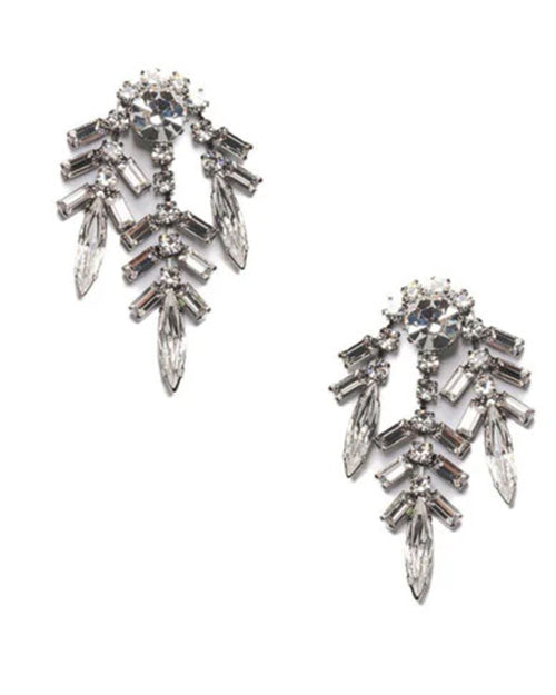 Pair of silver-toned statement earrings featuring a large round crystal at the top and cascading branches of baguette-cut and marquise-shaped crystals arranged in a fan-like design.