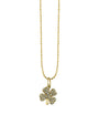 Gold necklace featuring a four-leaf clover pendant adorned with small sparkling stones. Each leaf of the clover is encrusted with stones, and the chain consists of small, round linked beads.