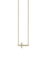 Gold necklace featuring a horizontal cross pendant adorned with small clear gemstones. The cross is attached to a delicate gold chain.