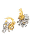 Pair of gold hoop earrings with clusters of clear crystals in various cuts, including round, marquise, and baguette shapes, arranged in a floral-like design with a twisted gold accent ring and small pearl detail.