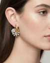 Close-up of an ear adorned with a gold hoop earring featuring a cluster of clear, teardrop-shaped crystals arranged in a floral design.