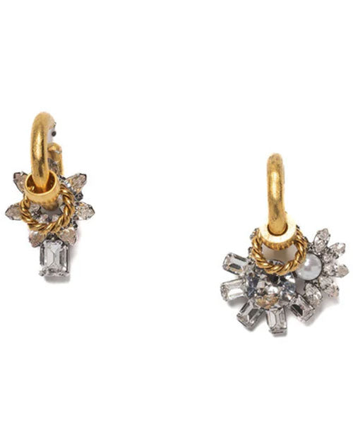 Pair of small gold hoop earrings featuring clusters of clear crystals in various shapes, including baguette and round cuts, arranged in a floral-like design with a twisted gold accent ring.