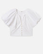 White short-sleeve blouse with oversized puff sleeves and a deep V-neckline, featuring a row of small gold buttons down the front. The fabric appears smooth and structured.