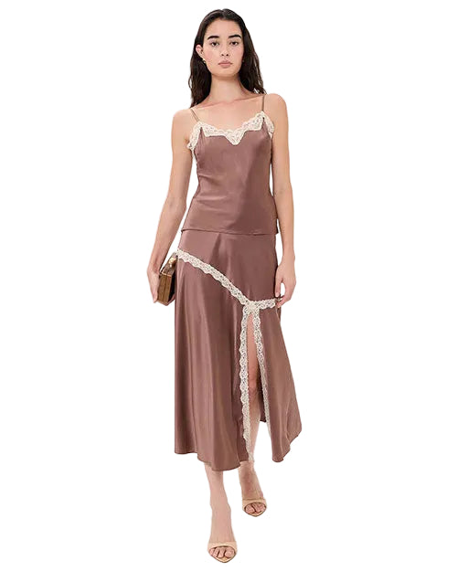Mauve satin camisole and matching midi skirt set with contrast lace trim, featuring a lace-edged neckline, asymmetrical skirt detail, and front slit.