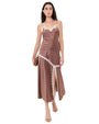 Mauve satin camisole and matching midi skirt set with contrast lace trim, featuring a lace-edged neckline, asymmetrical skirt detail, and front slit.
