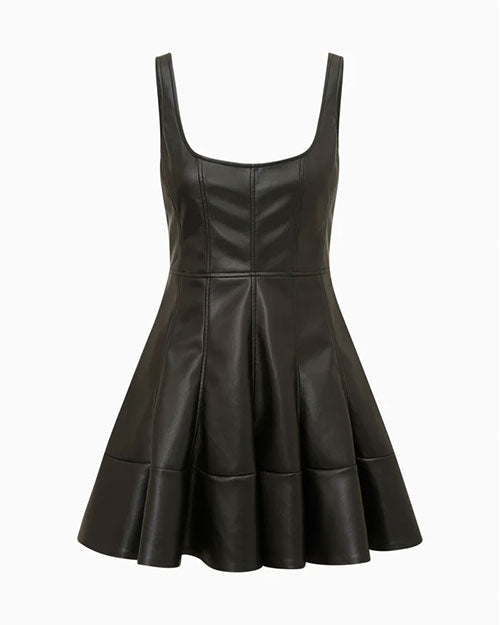 A black faux leather mini dress featuring a scoop neckline, wide shoulder straps, and a fitted bodice with vertical seam detailing. The dress has a flared skirt with a structured, A-line silhouette for a sleek and edgy look.