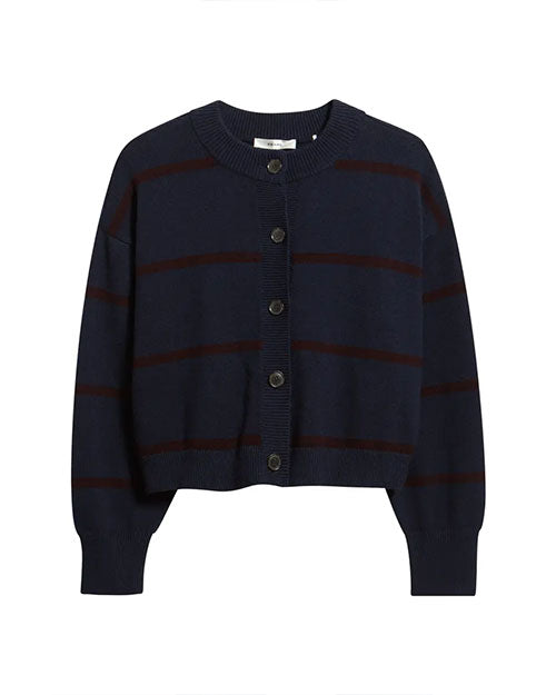 a navy blue button-front cardigan with subtle horizontal stripe details 