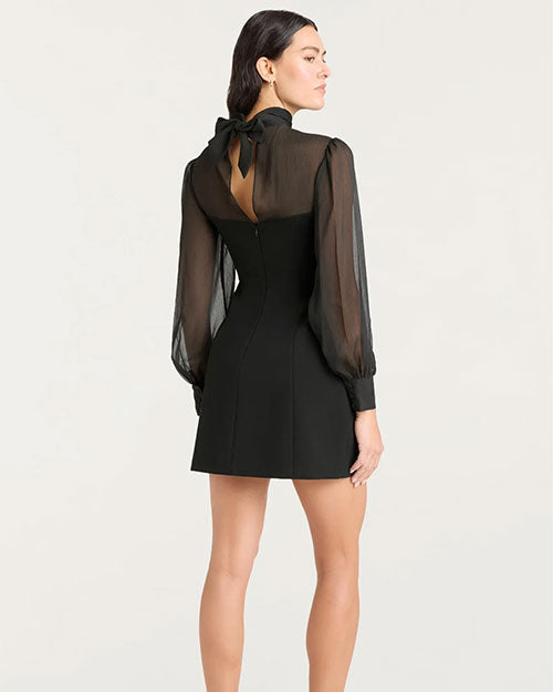 Back view of a black mini dress featuring a fitted silhouette with a sheer yoke and long sheer sleeves. The dress has a high neckline that ties into a bow at the back, along with a keyhole opening below the tie. The sleeves are voluminous with buttoned cuffs, and the skirt has a slight A-line shape.