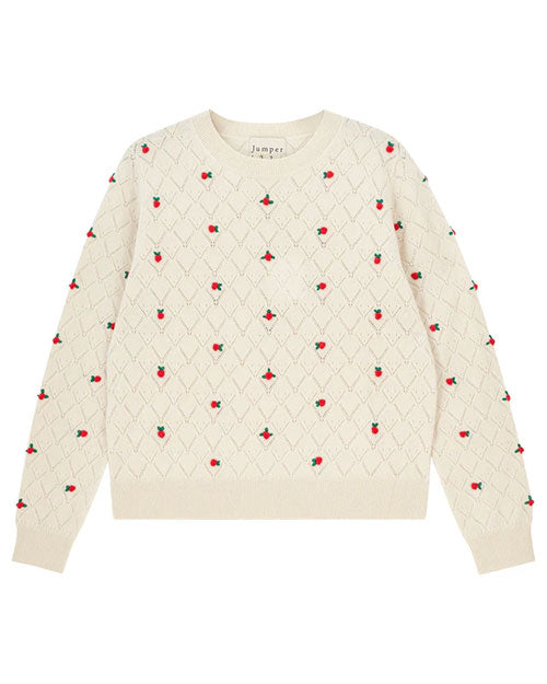 Cream-colored long-sleeve sweater with a diamond knit pattern and small embroidered red and green floral motifs throughout. The sweater has a crew neckline and ribbed cuffs and hem.