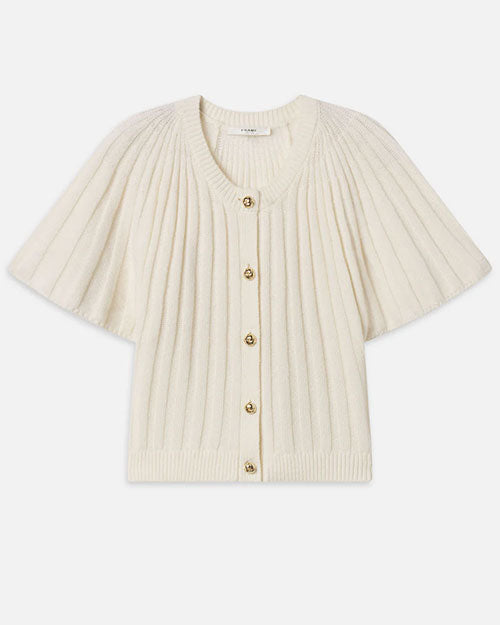 Cream-colored short-sleeve ribbed knit cardigan with a round neckline and five gold buttons down the front. The sleeves are wide and cape-like, and the hem is ribbed for a fitted finish.