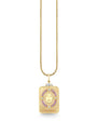  Gold necklace with a rectangular pendant engraved with a hand featuring an eye in the center, surrounded by pink gemstones and small diamond-like stones, with the word “FORTUNE” at the bottom.