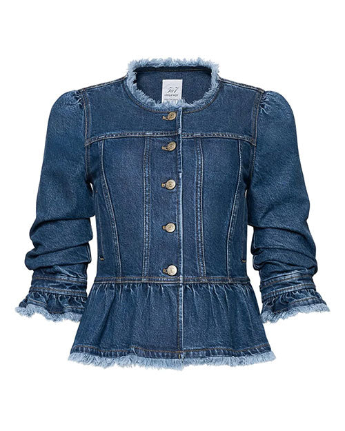 Front view of a cropped denim peplum jacket with a round neckline, front button closure, structured seam detailing, long sleeves with gathered ruffled cuffs, and frayed trim along the collar, cuffs, and hem, displayed against a white background.