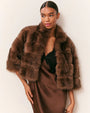 Front view of an outfit featuring a cropped brown faux fur jacket with a plush, textured finish, styled over a satin slip dress with black lace trim at the neckline.